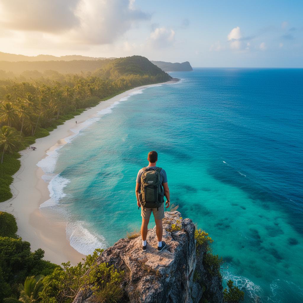 Viajero contemplando una costa tropical al amanecer